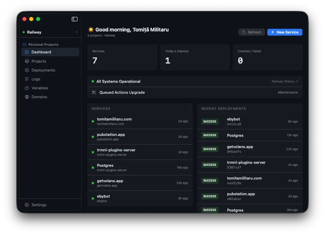 Volans dashboard showing Railway projects, services, and recent deployments