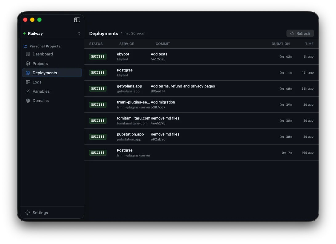 Deployment Management in Volans showing deployment history with redeploy and rollback controls
