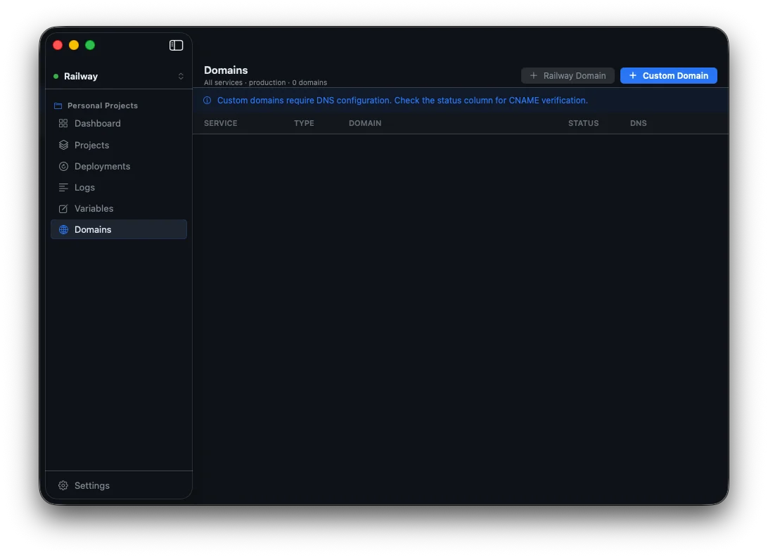 Domain Management panel in Volans showing Railway and custom domains with DNS status