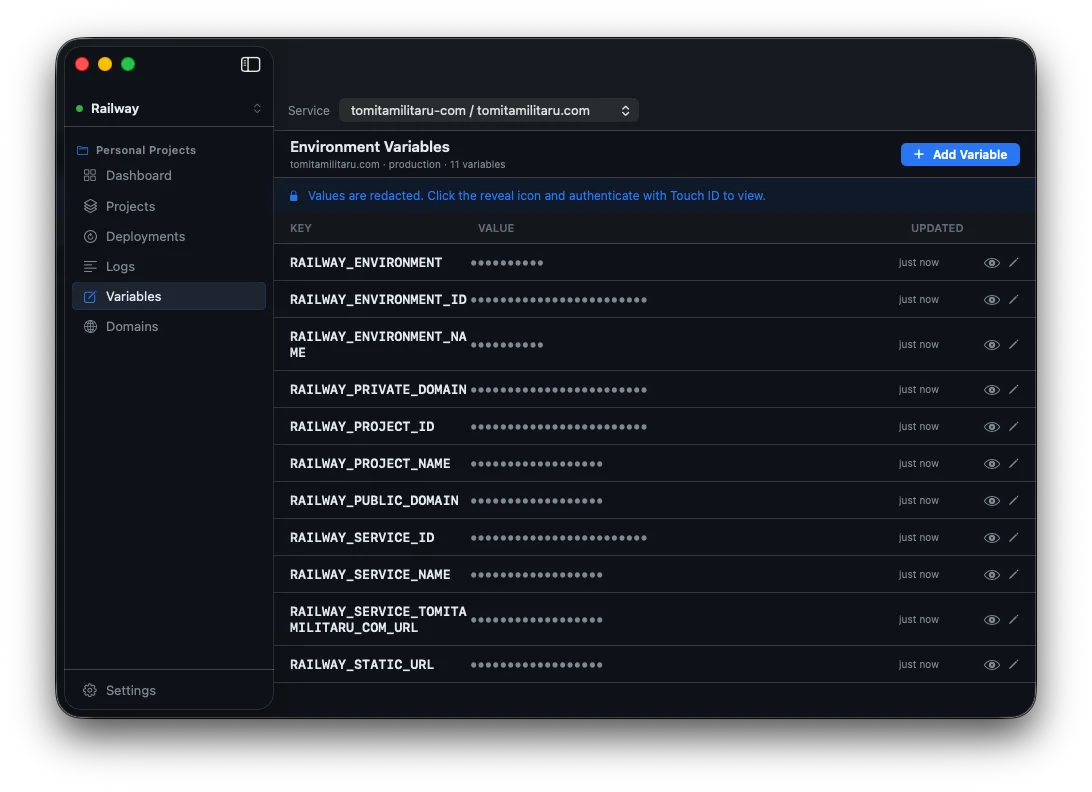 Environment Variables panel in Volans with redacted values and Touch ID authentication prompt