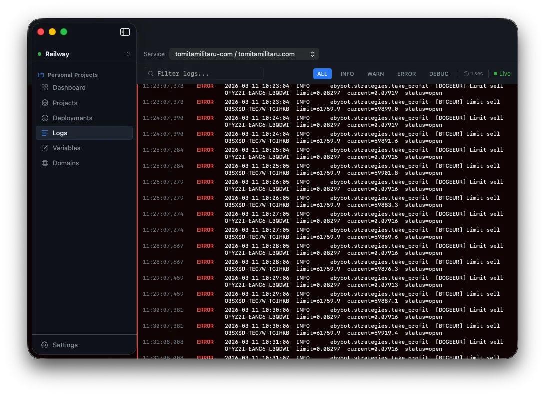Live Log Viewer in Volans showing filtered runtime logs with color-coded levels