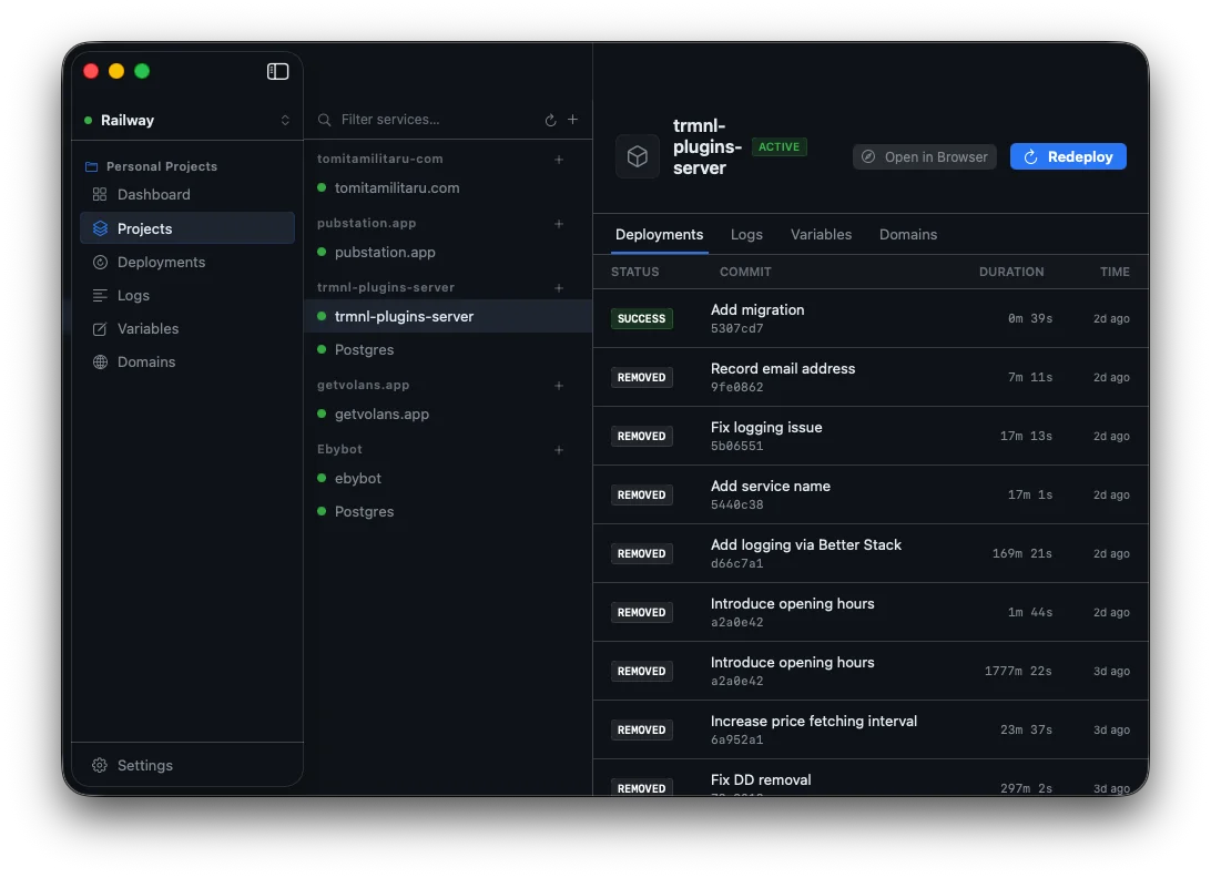 Volans projects view — list of all Railway projects with service status and deployments