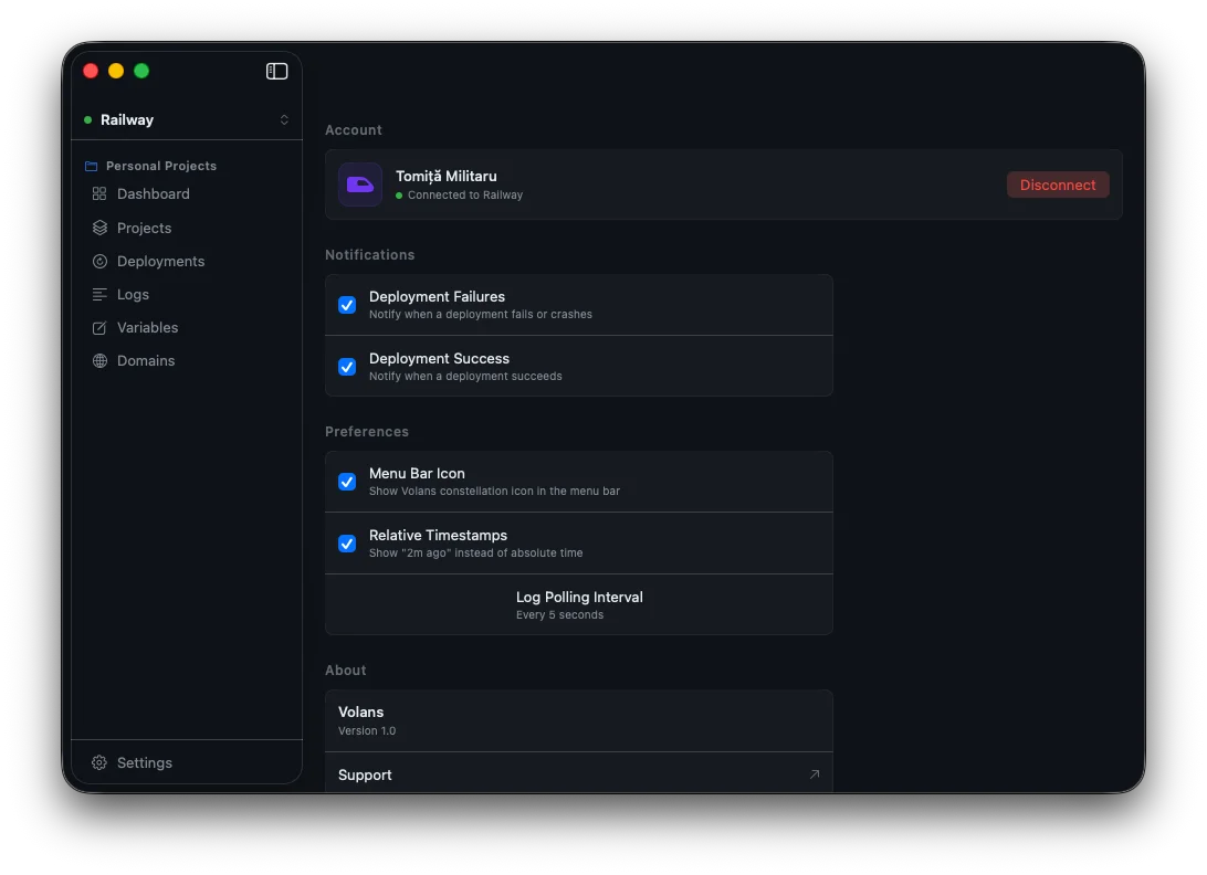 Volans settings panel showing menu bar icon toggle and notification preferences